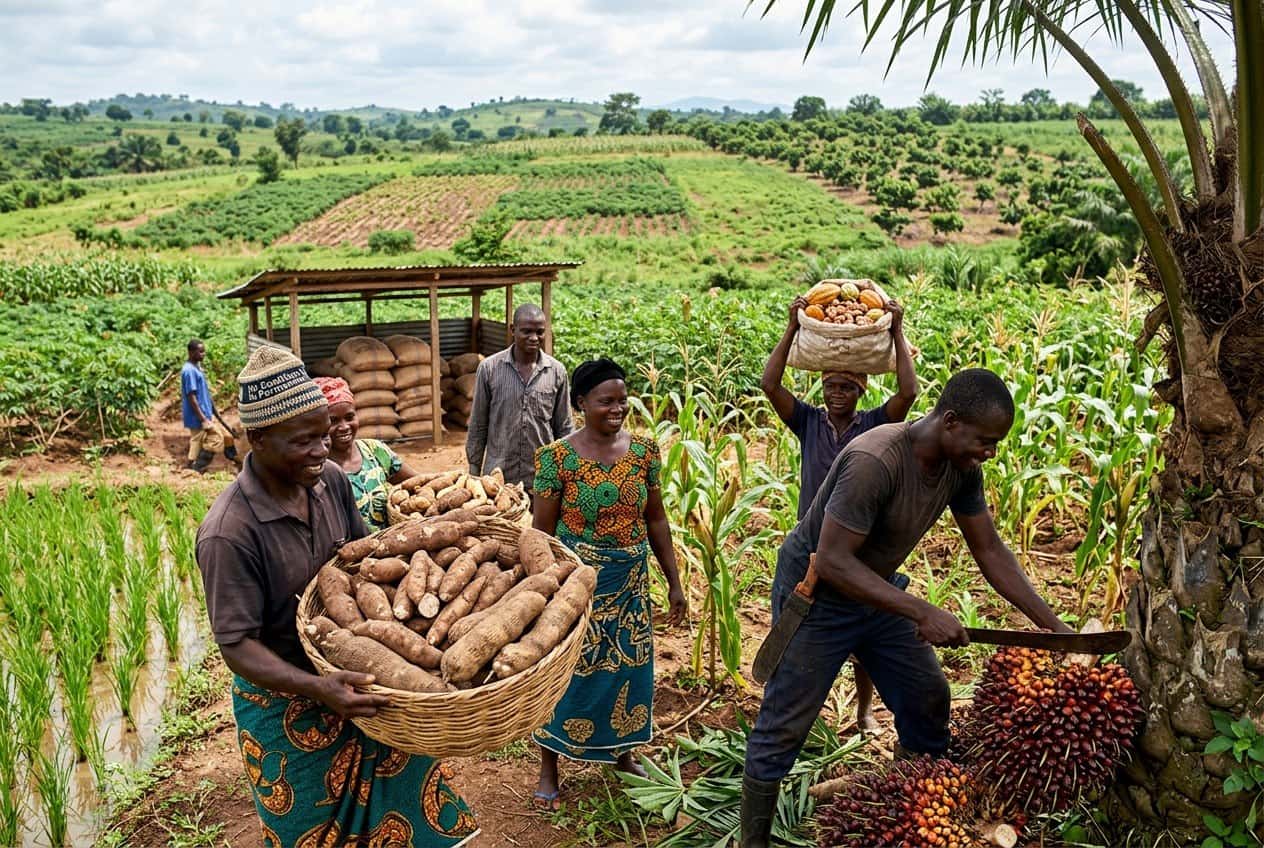 Nigerian farmers carrying baskets of freshly harvested yams and palm fruit through their fields