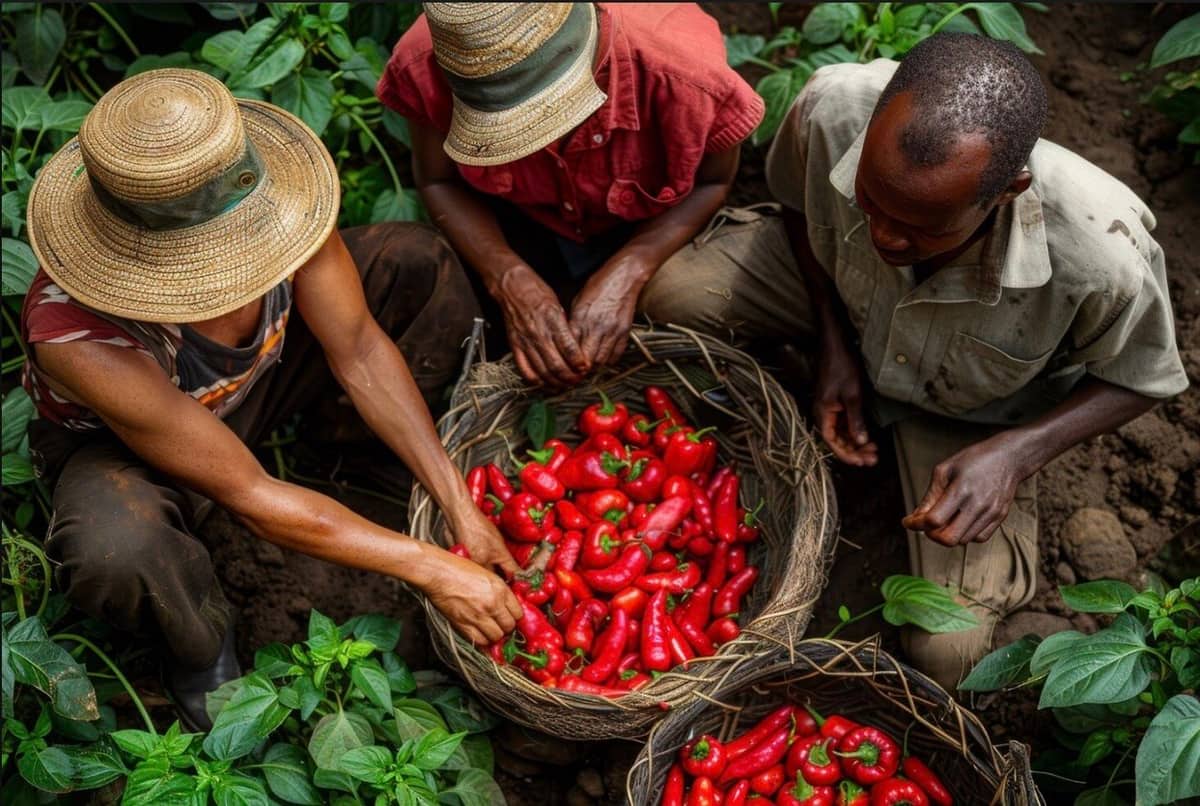 Nigerian farmers sorting a fresh harvest of red peppers into woven baskets