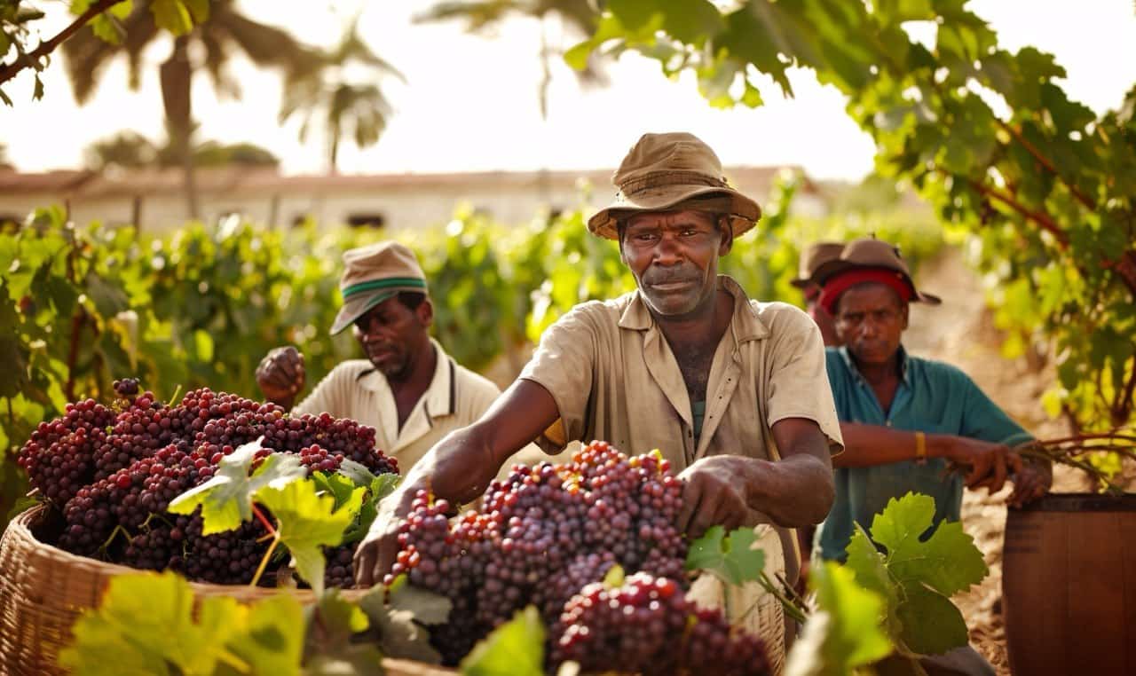 Farm workers harvesting grapes into baskets at a vineyard